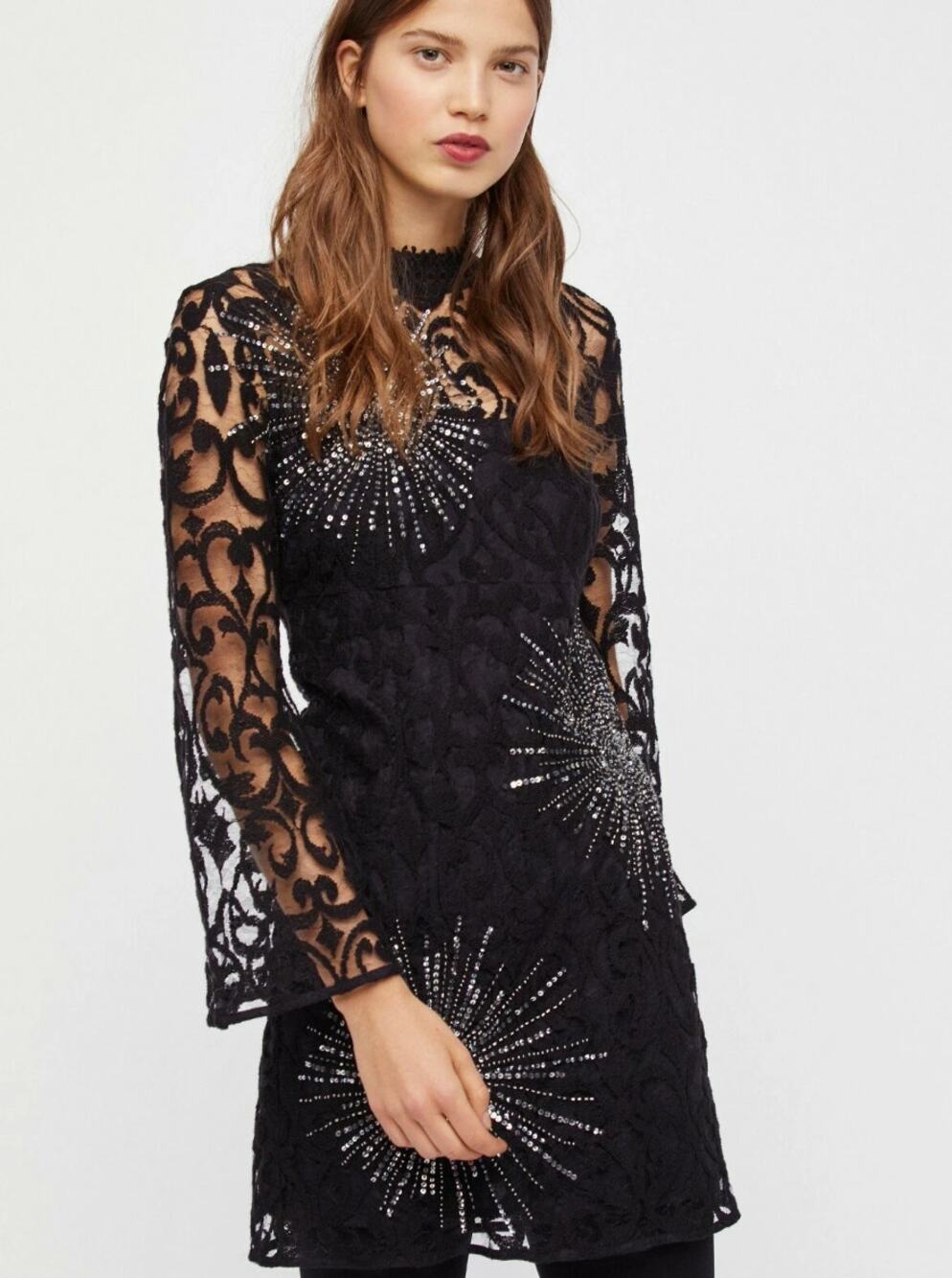 Free People NORTH STAR Crochet Lace Beaded Sequin Starburst Mini Dress Size 8